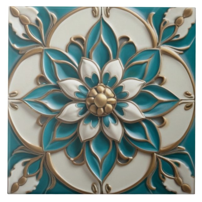 Elegant Faux Relief Floral Turquoise White & Gold Ceramic Tile (Front)