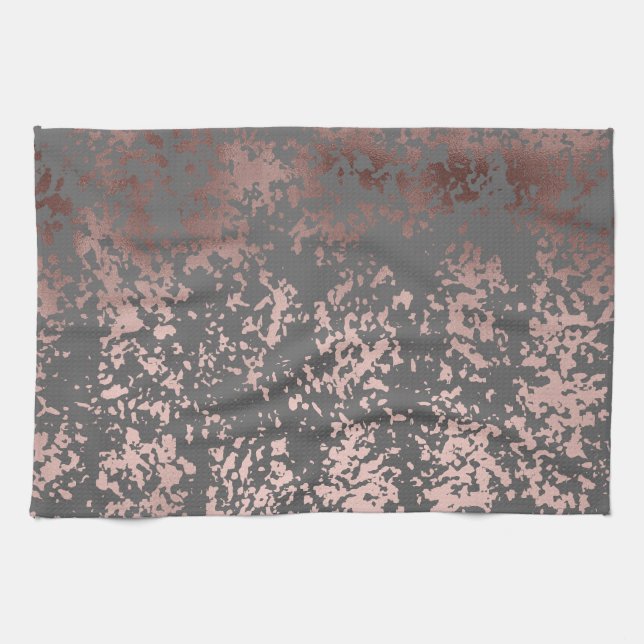 elegant faux rose gold and grey brushstrokes kitchen towel (Horizontal)