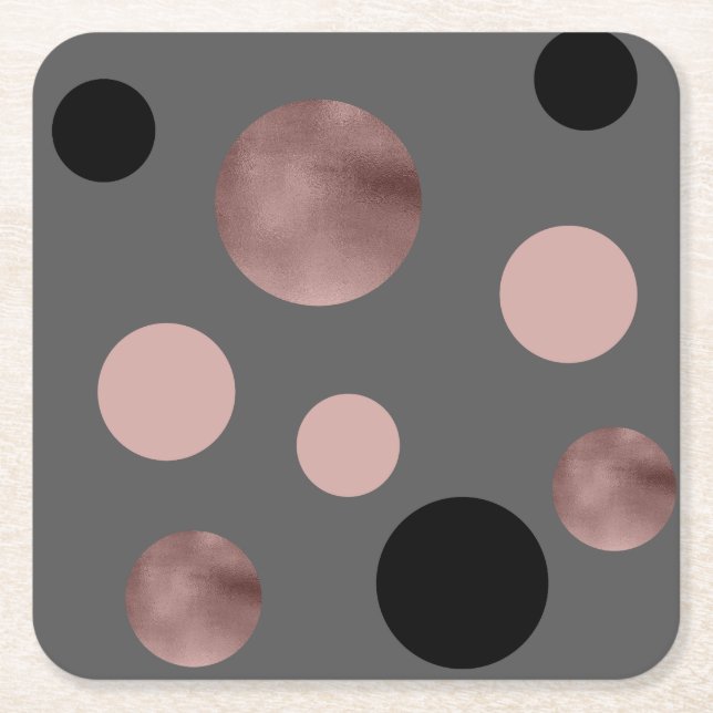elegant faux rose gold blush pink black circles square paper coaster (Front)