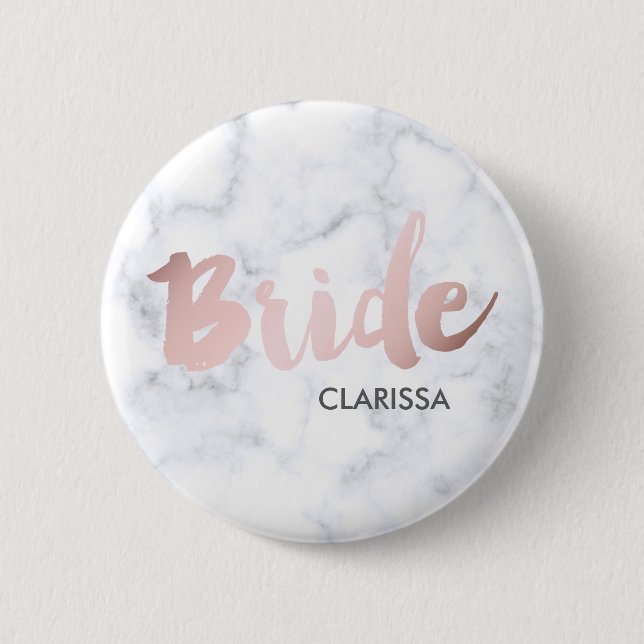elegant faux rose gold "bride" white marble pinback button (Front)