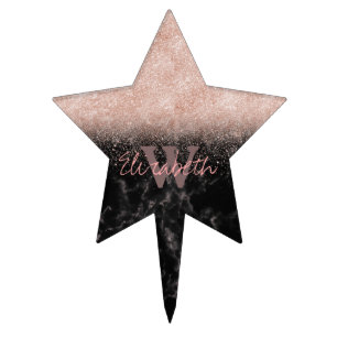 Elegant faux rose gold confetti black marble image cake topper