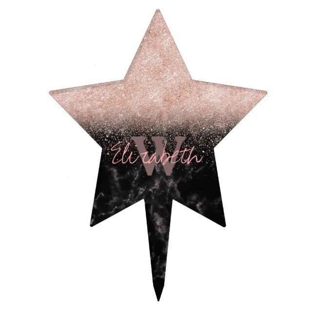 Elegant faux rose gold confetti black marble image cake topper (Front)
