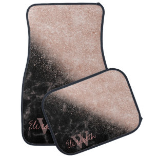 Elegant faux rose gold confetti black marble image car mat