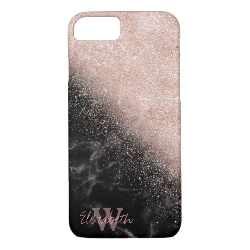 Elegant faux rose gold confetti black marble image iPhone 87 case