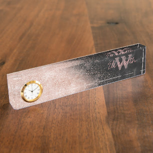 Elegant faux rose gold confetti black marble image desk name plate