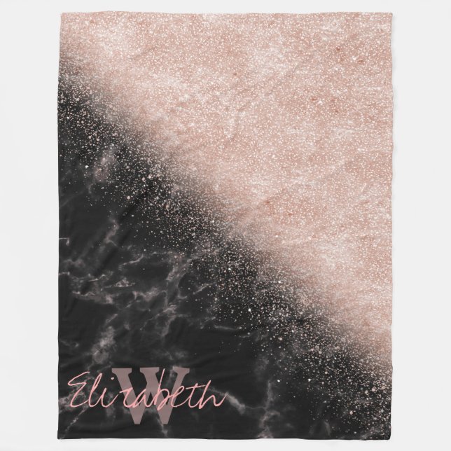Elegant faux rose gold confetti black marble image fleece blanket (Front)