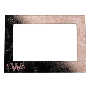 Elegant faux rose gold confetti black marble image magnetic frame