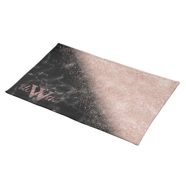 Elegant faux rose gold confetti black marble image placemat (On Table)