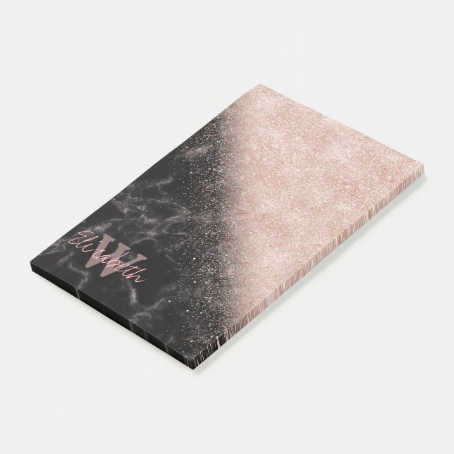 Elegant faux rose gold confetti black marble image post-it notes (Angled)