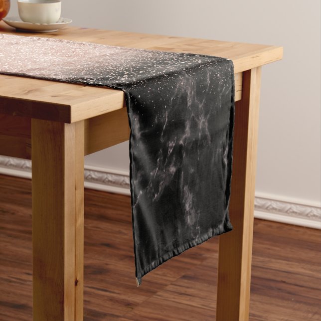 Elegant faux rose gold confetti black marble image short table runner (In Situ)