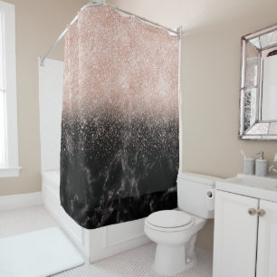 Elegant faux rose gold confetti black marble image shower curtain