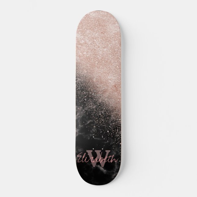 Elegant faux rose gold confetti black marble image skateboard deck (Front)