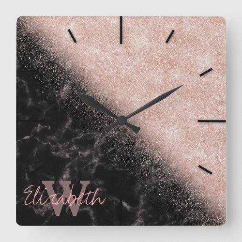 Elegant faux rose gold confetti black marble image square wall clock