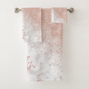 Elegant faux rose gold confetti white marble image bath towel set