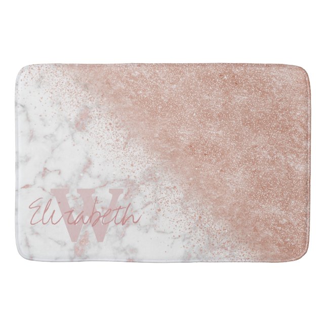 Elegant faux rose gold confetti white marble image bathroom mat (Front)