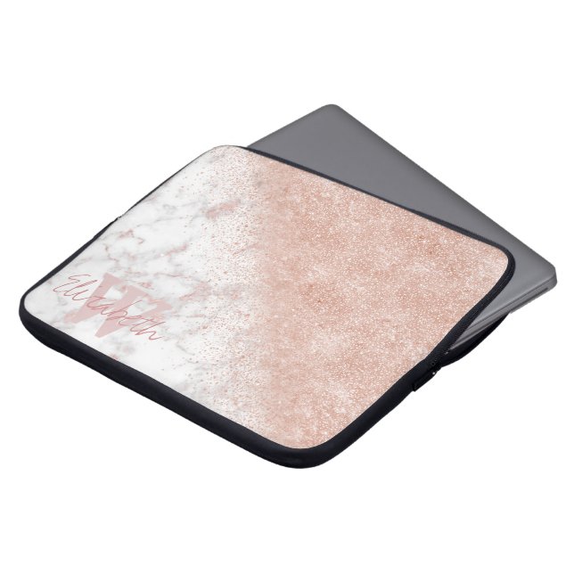 Elegant faux rose gold confetti white marble image laptop sleeve (Front Top)