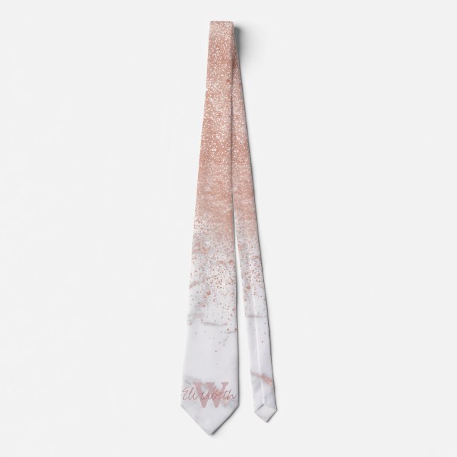 Elegant faux rose gold confetti white marble image neck tie (Front)