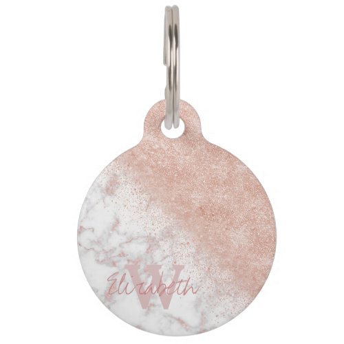 Elegant faux rose gold confetti white marble image pet name tag