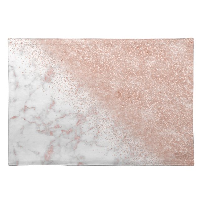 Elegant faux rose gold confetti white marble image placemat (Front)