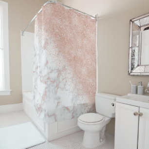 Elegant faux rose gold confetti white marble image shower curtain