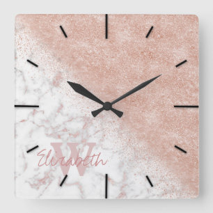 Elegant faux rose gold confetti white marble image square wall clock