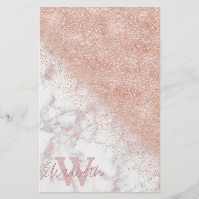 Elegant faux rose gold confetti white marble image stationery (Front)