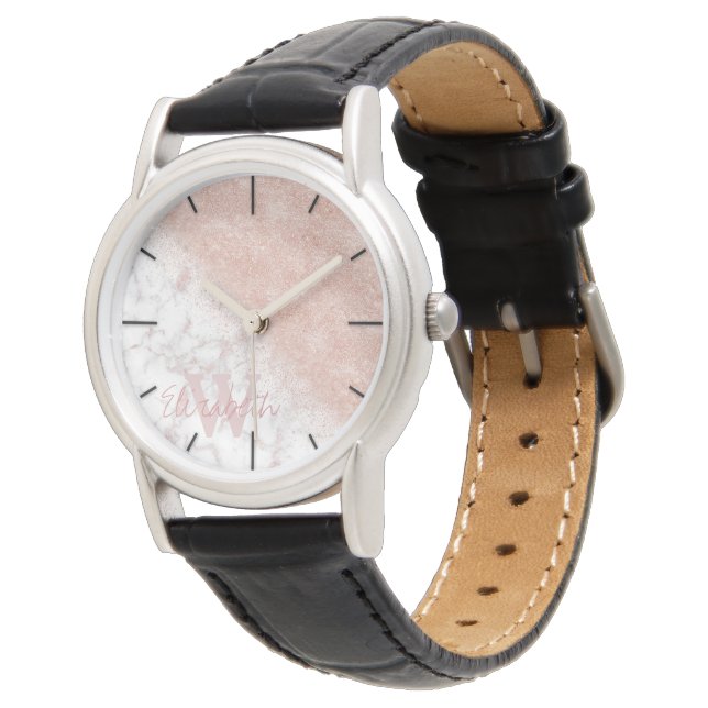 Elegant faux rose gold confetti white marble image watch (Angled)