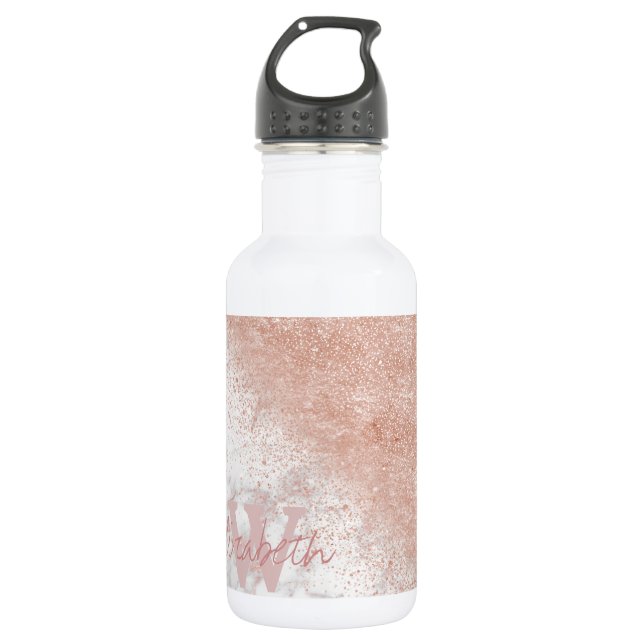 Elegant faux rose gold confetti white marble image water bottle (Front)