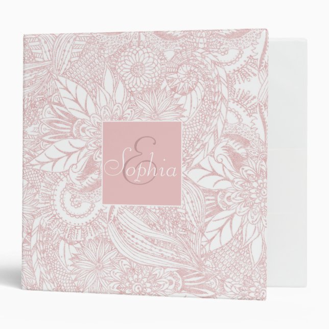 Elegant faux rose gold floral mandala design 3 ring binder (Front/Inside)