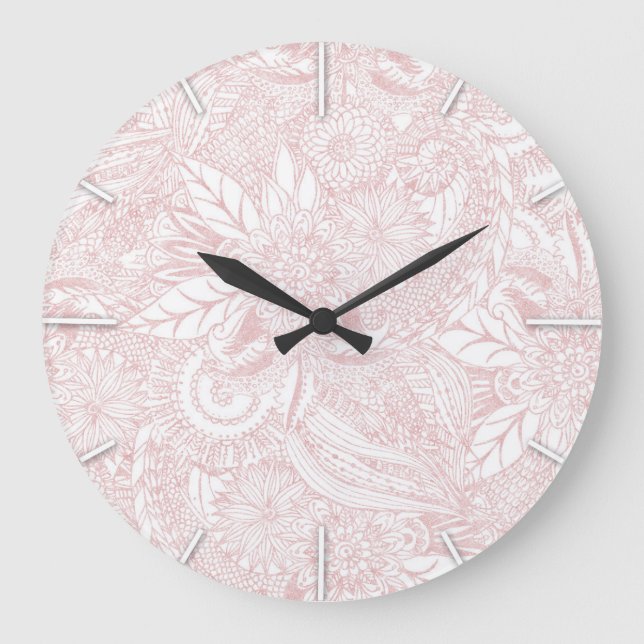 Elegant faux rose gold floral mandala design large clock (Front)