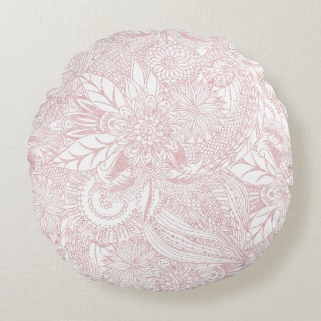 Elegant faux rose gold floral mandala design round pillow (Front)