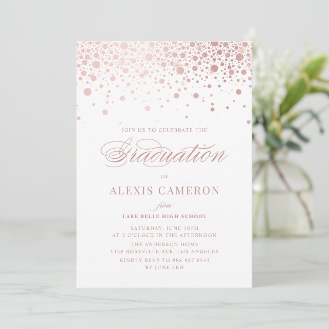 Elegant Faux Rose Gold Foil Confetti Graduation Invitation (Standing Front)
