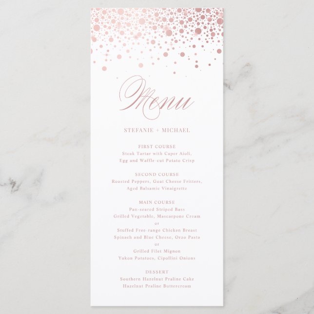 Elegant Faux Rose Gold Foil Confetti Wedding Menu (Front)