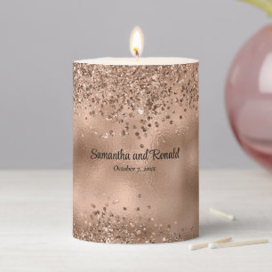 Elegant Faux Rose Gold Glitter and Foil Wedding Pillar Candle