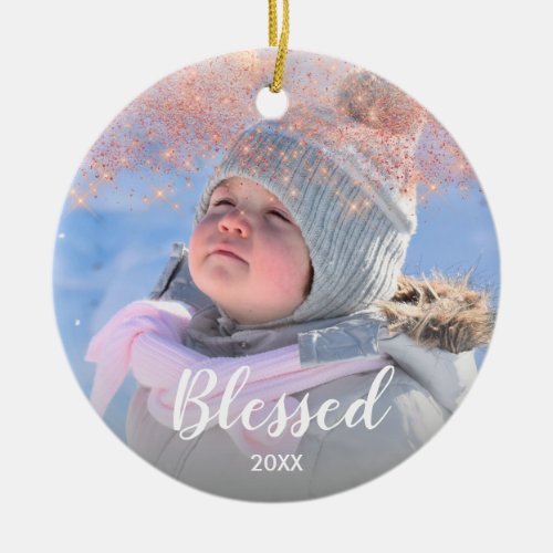 Elegant faux rose gold glitter blessed text photo ceramic ornament