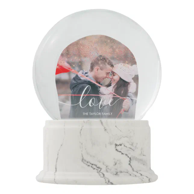 Elegant faux rose gold glitter love text photo snow globe | Zazzle