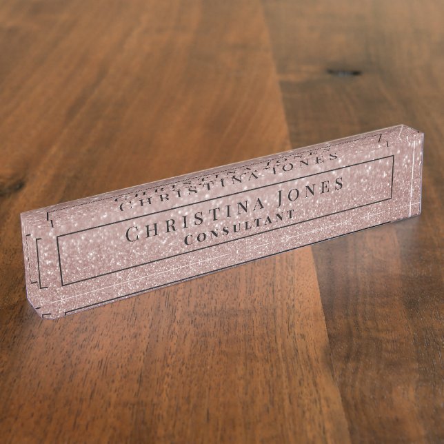 Elegant Faux Rose Gold Glitter Print Professional Desk Name Plate (Side)