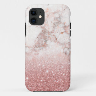 Elegant Faux Rose Gold Glitter White Marble Ombre iPhone 11 Case
