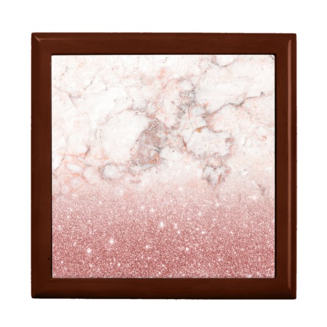 Elegant Faux Rose Gold Glitter White Marble Ombre Jewelry Box (Front)