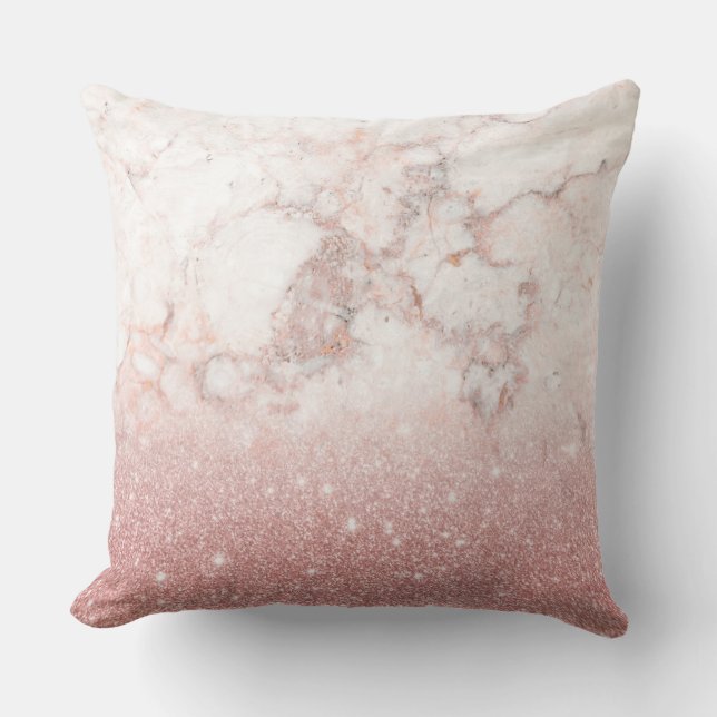 Elegant Faux Rose Gold Glitter White Marble Ombre Outdoor Pillow (Front)