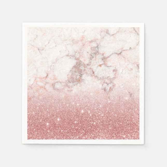 Elegant Faux Rose Gold Glitter White Marble Ombre Paper Napkins (Front)