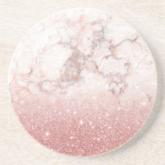 Elegant Faux Rose Gold Glitter White Marble Ombre Sandstone Coaster (Front)