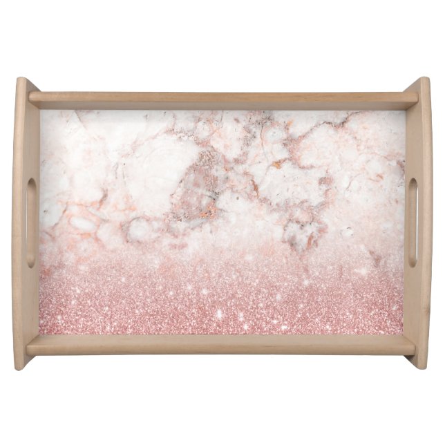 Elegant Faux Rose Gold Glitter White Marble Ombre Serving Tray (Front)