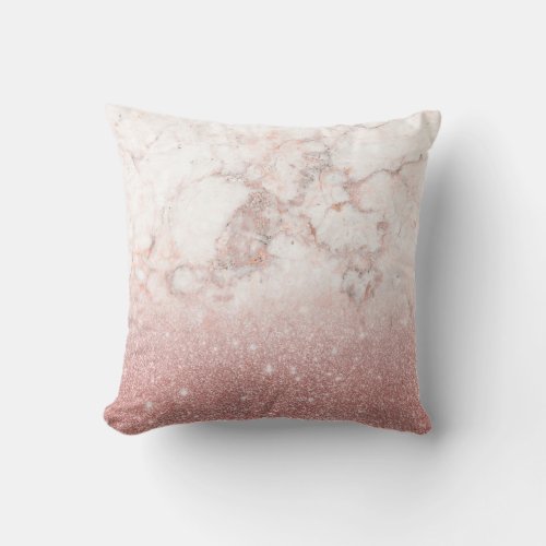 Elegant Faux Rose Gold Glitter White Marble Ombre Throw Pillow