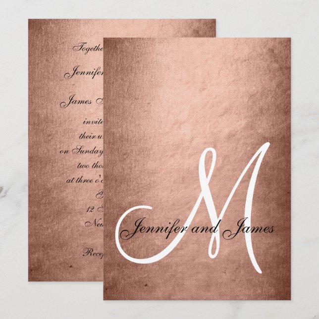 Elegant Faux Rose Gold Monogram Wedding Invitation (Front/Back)