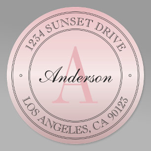 Elegant Faux Rose Gold Ombre Pink Monogram Address Classic Round Sticker