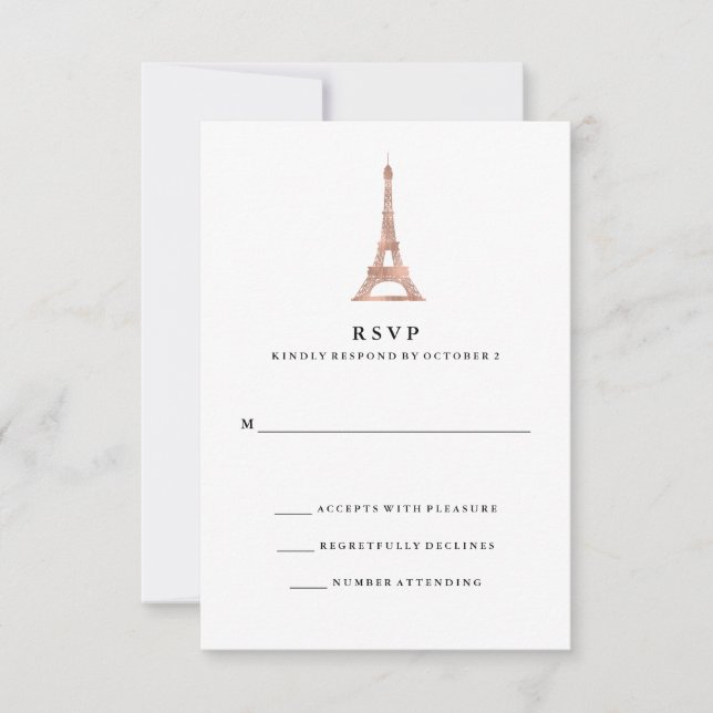 Elegant Faux Rose Gold Parisian Eiffel Tower RSVP Card (Front)