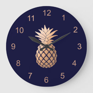 Elegant Faux Rose Gold Pineapple on Navy Blue Large Clock