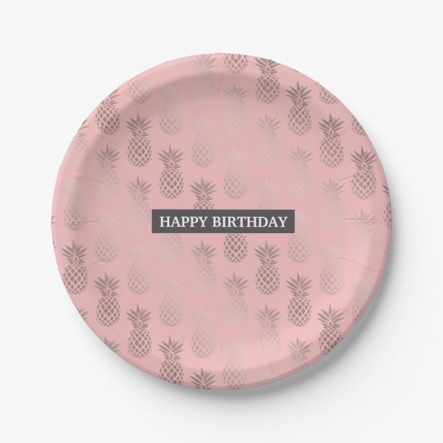 Elegant faux rose gold pink pineapple pattern paper plates (Front)