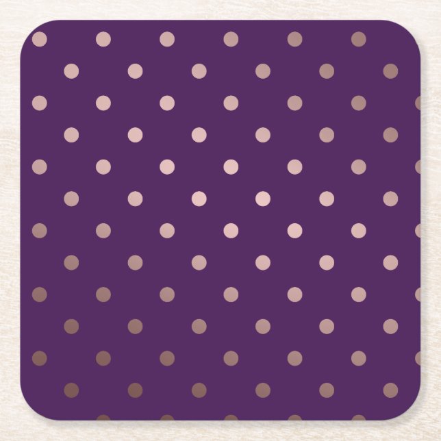 elegant faux rose gold purple polka dots square paper coaster (Front)